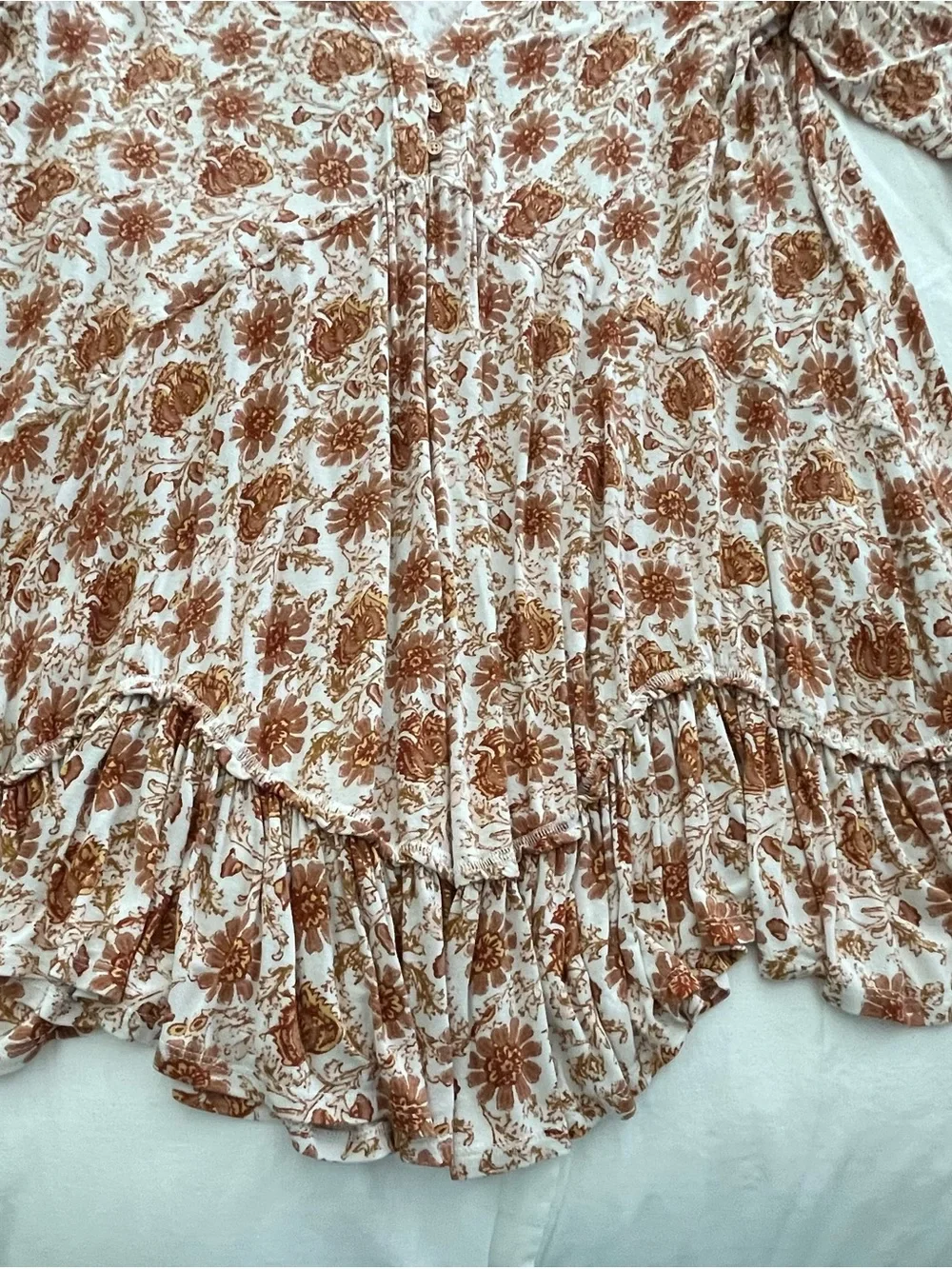 Free People Cream and Brown Floral Long Sleeve V-Neck Tunic Dress